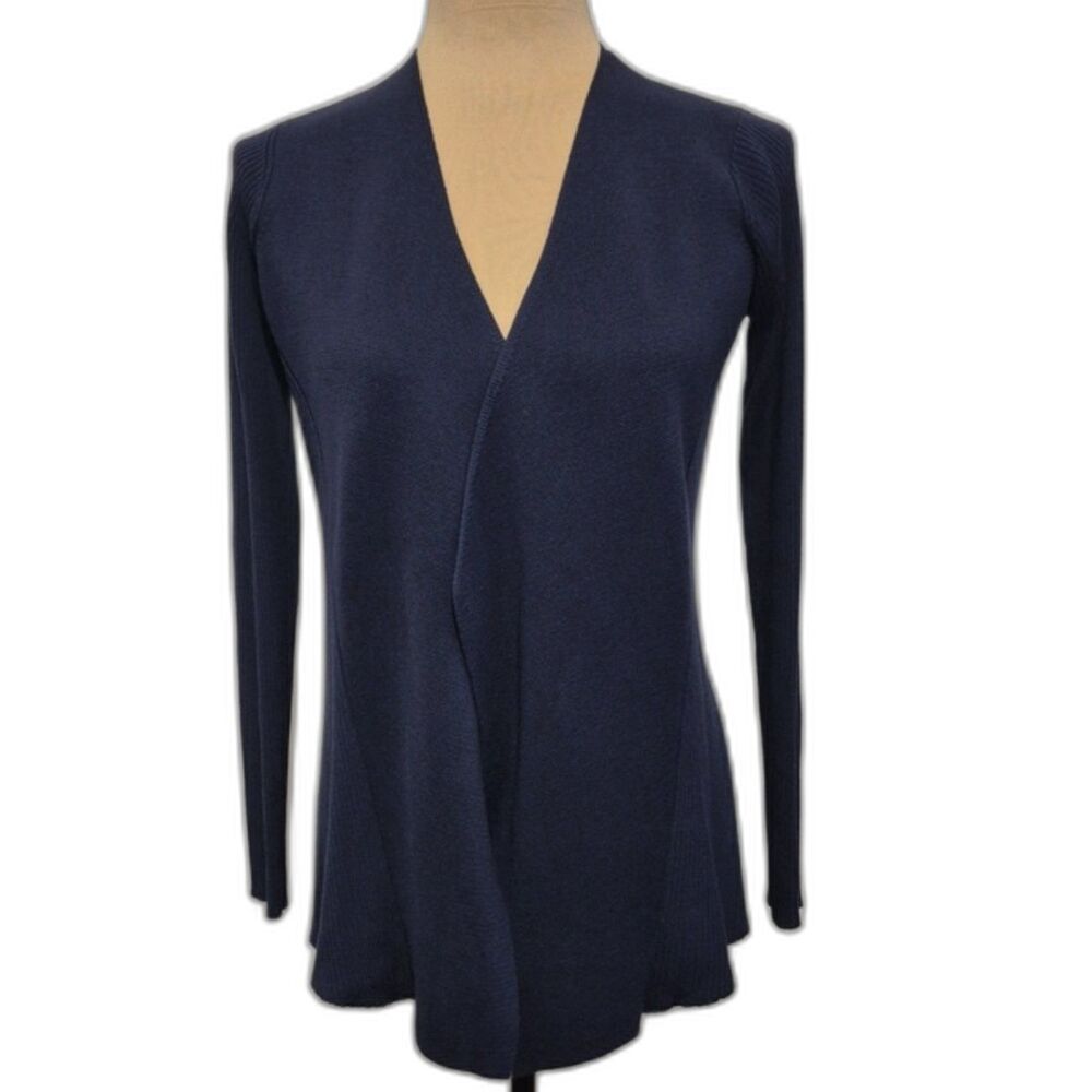 Eileen Fisher Silk Organic Cotton Waterfall Cardigan XXS Navy Draped Open Front